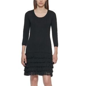 Soft Surroundings Theodora Fringe Black Sweater Dress Medium
